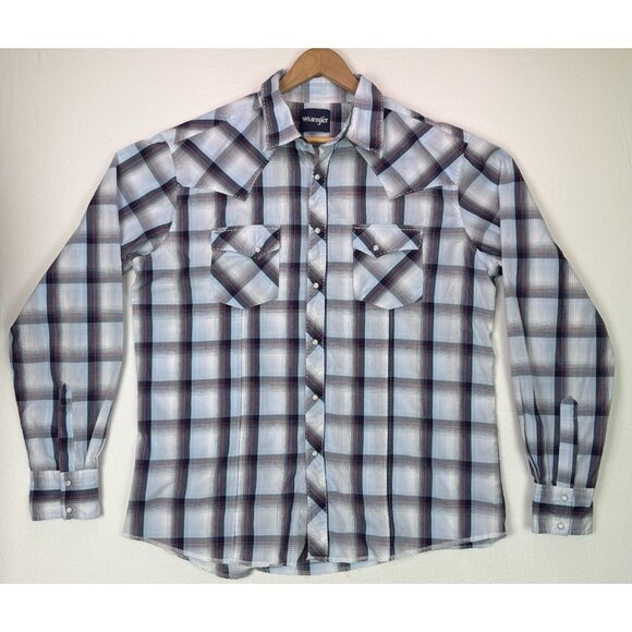 Wrangler Plaid Pearl Snap Long Sleeve Western Shirt Blue Red Gray Stitched Sz XL - Picture 1 of 10